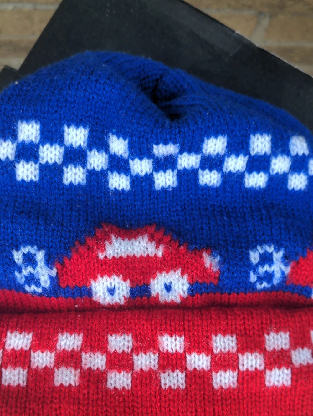 Kids Blue and Red Knit Beanie with Car Design For A Chilly Or Cold Day/Night